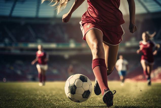 Ein Fußballspieler in einem roten Trikot läuft auf einem sonnenbeschienenen Feld auf einen schwarz-weißen Fußball zu, während andere Spieler und die Sitze im Stadion im Hintergrund verschwimmen.