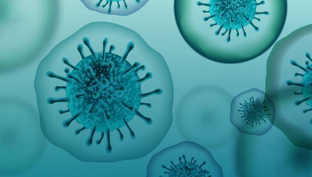 Digitale Illustration verschiedener blauer und blaugrüner virusähnlicher Mikroorganismen mit stacheligen Außenflächen, die vor einem blauen Hintergrund mit Farbverlauf schwimmen. Das Bild ist stilisiert und vermittelt ein wissenschaftliches oder medizinisches Thema.